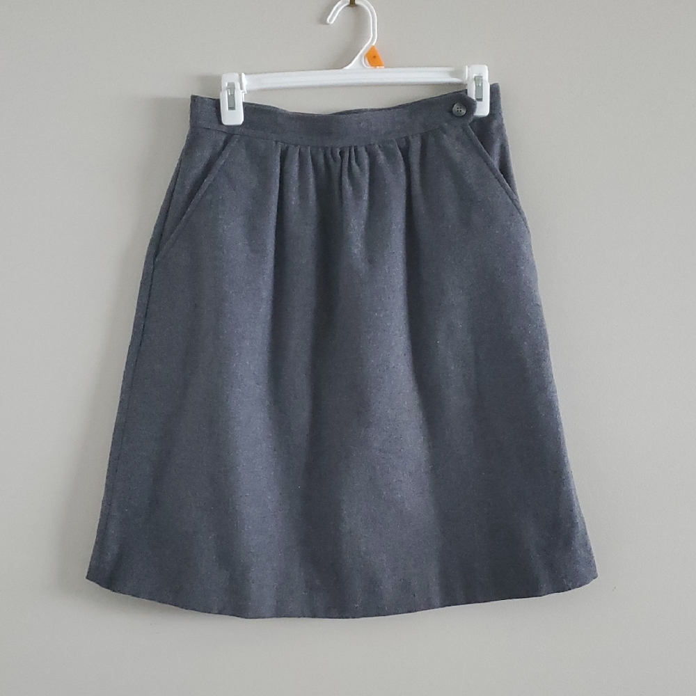 Vintage Charcoal Grey A-Line Wool Blend Midi Skirt With Pockets Size 8 S Femine